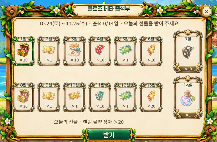 게임 속 클로즈 베타 출석부 창. 1일차부터 14일차까지 선물 칸이 있다.
